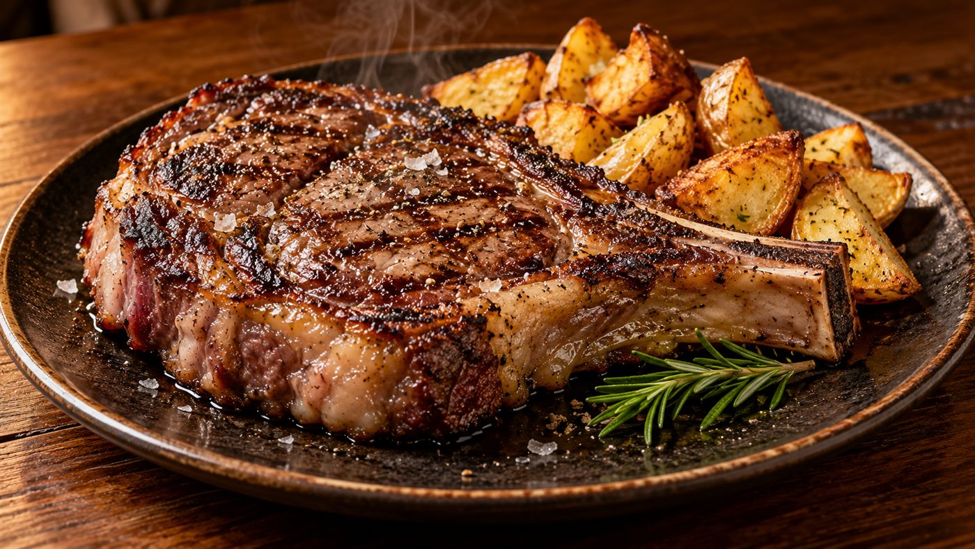 Chuletón a la brasa con papas rústicas y romero